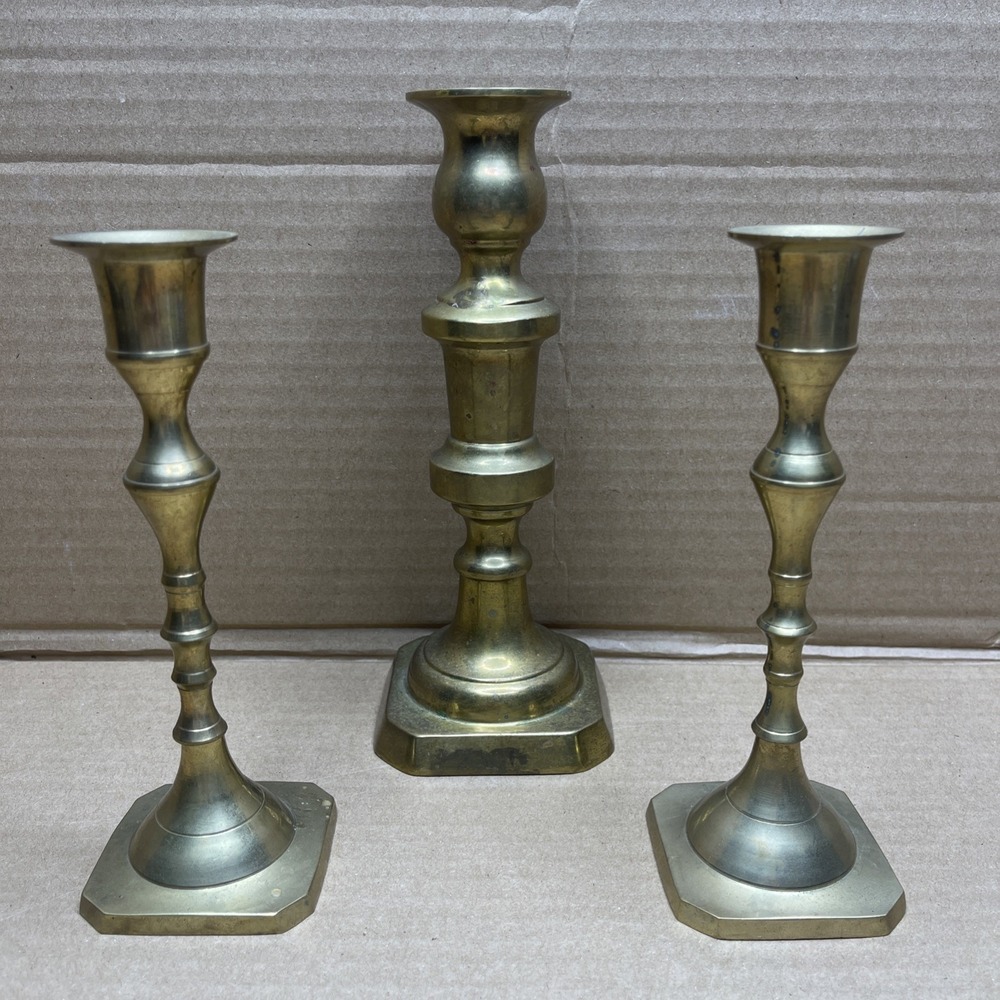 Vintage Solid Brass Candlestick Holders Set of 3 Mixed Sizes Patina Decor